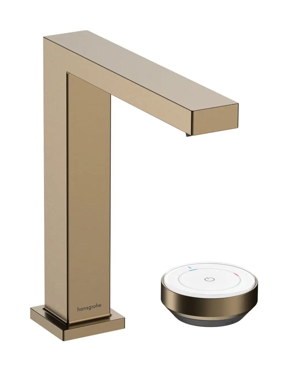 Waschtischmischer in gebürstetem Bronze-Finish von Hansgrohe, mit einem rechteckigen Auslauf und einer separaten Steuerungseinheit für Temperatur und Durchfluss.